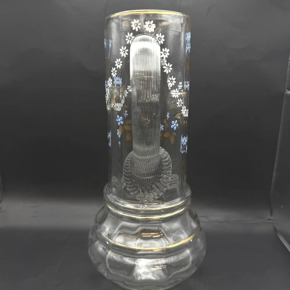 Antique Victorian Bohemian Enameled Glass Claret Pitcher Blue Floral Gilt 11‎ in